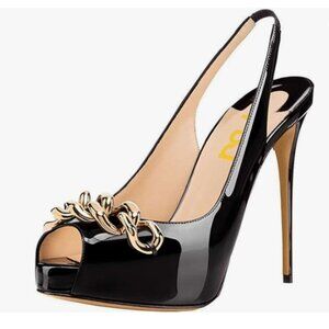 FSJ Black Chain Peep Toe Extreme High Heels Platform Sandals Slingback Pumps